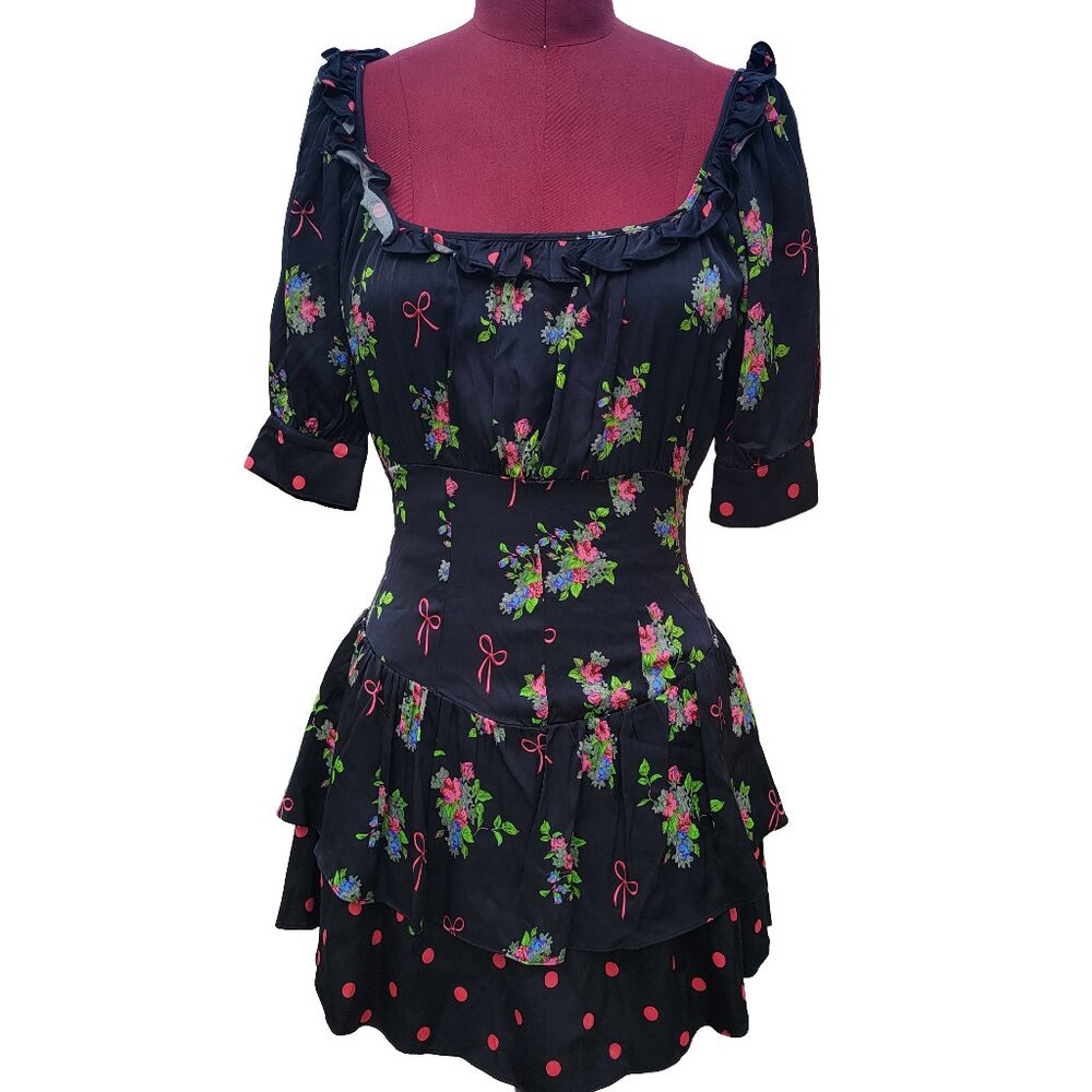 For Love & Lemons Wilson Dress Black Satin Floral and Dots Short Sleeve XSmall